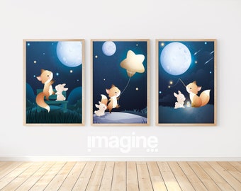 Affiches Le Renard le Lapin la lune une illustration rêve pour chambre enfant bébé en Décoration sur le Thème animaux