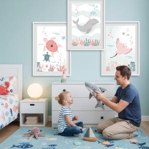 Set med tre posters: Val, Rocka, Sköldpadda för barnrum - Väggdekoration med havsmotiv bild 6