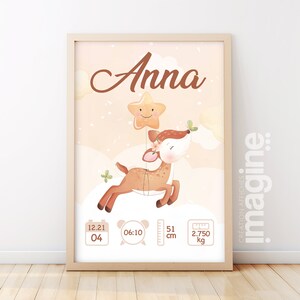 Affiche de naissance personnalisée "Biche" en bébé souvenir avec Prénom, poids, taille et heure pour un cadeau unique
