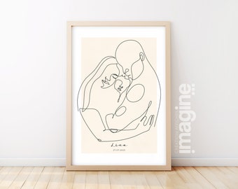 Affiche famille personnalisable maman papa bébé pour Décoration salon chambre cadeau Fête des mères pères naissance style Line art