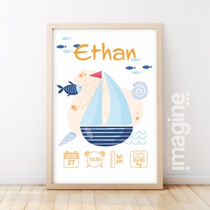 Affiche de naissance personnalisée "Marin" pour bébé avec Prénom, poids, taille et heure