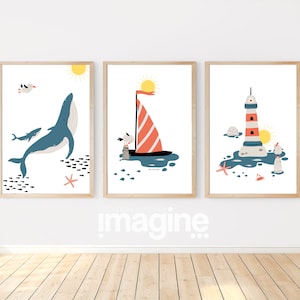 Pósteres de barco marinero, faro, ballena, pez para sala de juegos, decoración para habitación de niños, regalo de nacimiento, tema del océano y el mar
