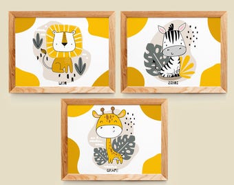 Set of 3 safari animal posters – Giraffe, lion, zebra posters – Wall decoration for children's and baby's rooms – Gift for newborns or birthdays