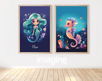 Two "Mermaid and seahorse" posters for a little girl with personalization with the child's first name