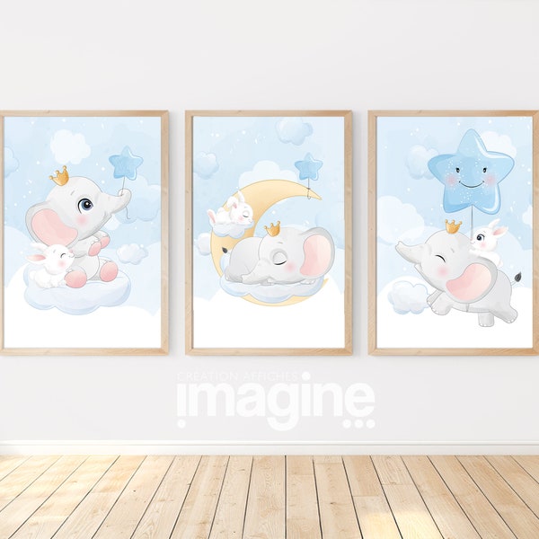 Éléphant bleu bébé garçon 3 affiches format pour chambre bébé en Décoration thème Rêve dans le ciel étoilé et lapin