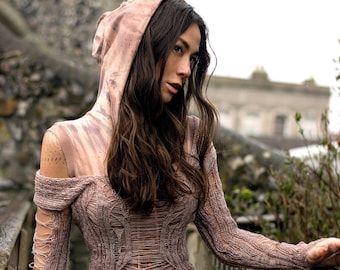 AMETRINE dress, hooded, burning man wear, tribal ornament, made of hemp, gothic, cosplay, tribal, fantasy, festival wear