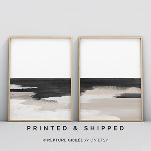Black Beige Wall Art, 2 Piece Wall Art, Abstract Wall Art, Bedroom Wall Art, Ocean Wall Art, Beach Art Print, Minimalist Black and White Art