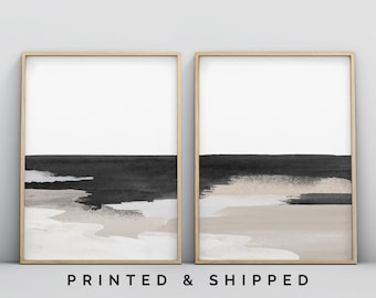May include: Two framed abstract art prints with a black and beige watercolor design. The prints are in simple wooden frames and are hung on a white wall. The text "PRINTED & SHIPPED" and "© NEPTUNE GICLEÉ // ON ETSY" is below the prints.