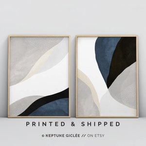 Blaue Wandkunst, Art Prints 2-teiliges Poster-Set Abstraktes Poster, Schlafzimmer Wandkunst, Wohnzimmer Kunst, Marine Dunkelblau, minimalistische zeitgenössische Moderne