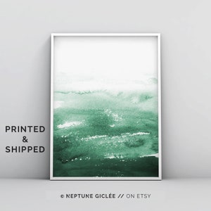 Emerald Green Wall Art Poster Print, Abstract Painting, Minimalistic Watercolour Wall Art, Green Decor, Large Poster, Ink Wash Brush Strokes