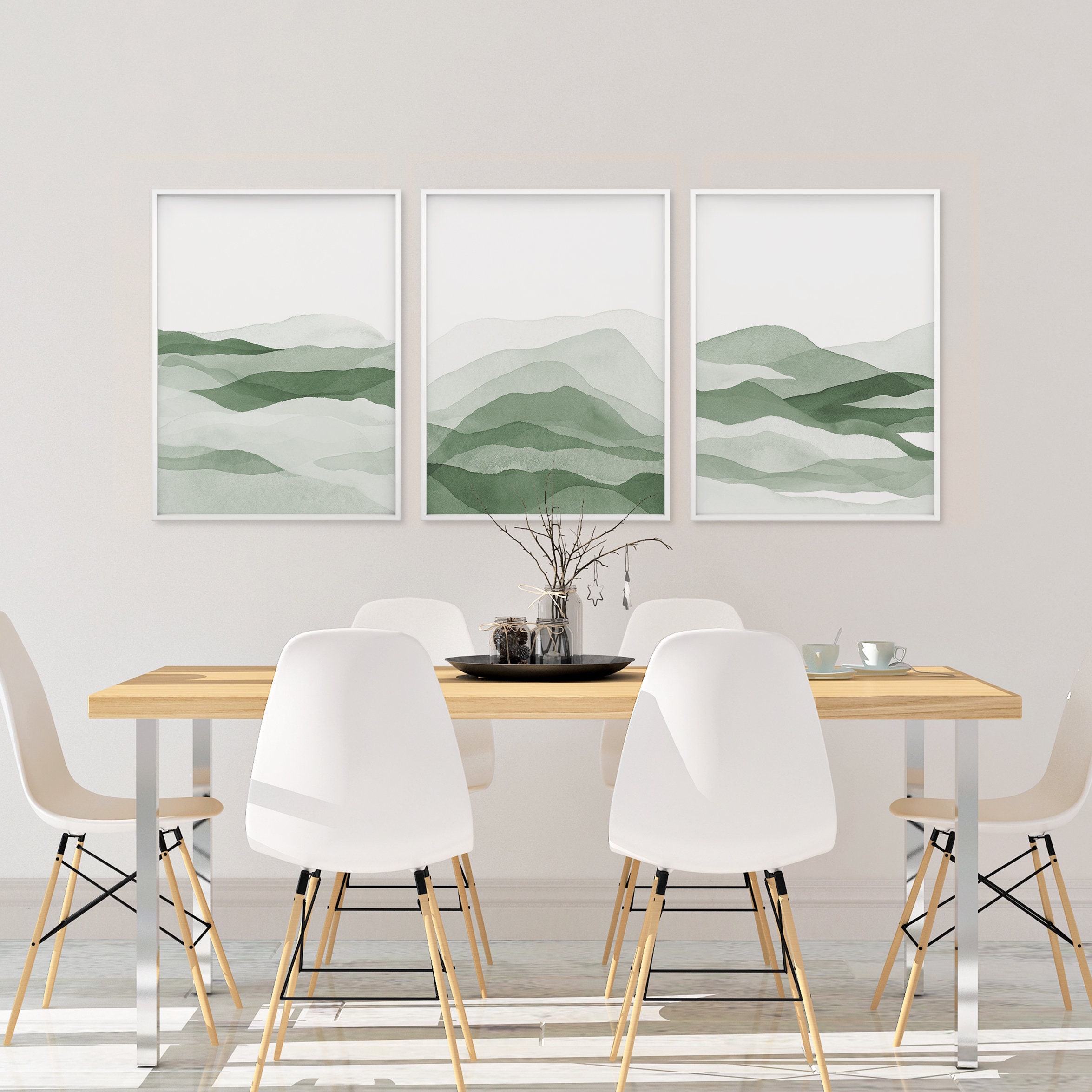 Sage Green Wall Art, Set of 3 Piece Forest Green Watercolor Art Print ...