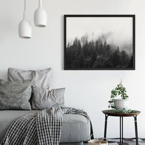 May include: Black and white photograph of a foggy forest with tall trees. The photo is framed in a black frame and hanging on a white wall.