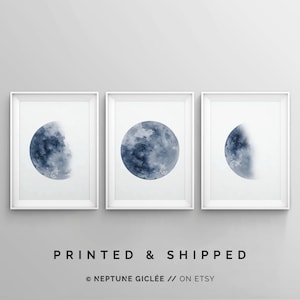 Set of 3 Piece Blue Moon Phases Watercolor Prints, Celestial Bedroom Wall Decor Wall Art La Luna Navy Blue Indigo Lunar Phases Moon 24 x 36