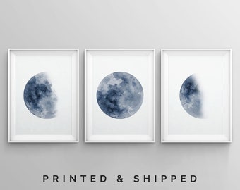 Set of 3 Piece Blue Moon Phases Watercolor Prints, Celestial Bedroom Wall Decor Wall Art La Luna Navy Blue Indigo Lunar Phases Moon 24 x 36