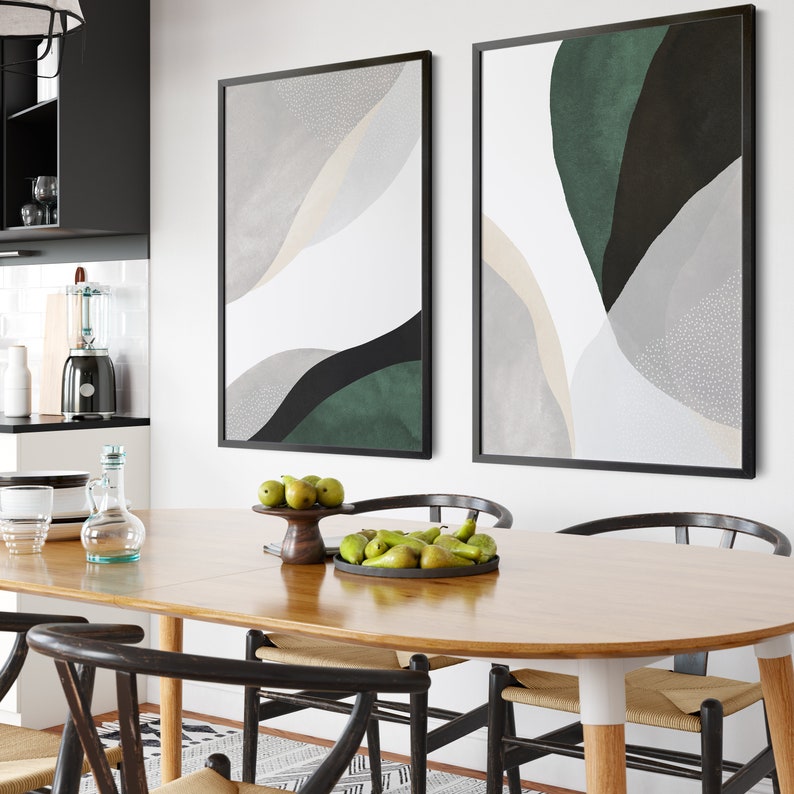 Green Wall Art, Abstract Poster Set, 2 Piece Art Prints, Large Wall Art, Sage Forest Green Living Room Art, Minimalist Contemporary Modern image 2