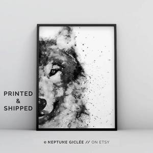 Op de afbeelding: Zwart-witte aquarelverf van een wolvenkop. Het gezicht van de wolf is gedeeltelijk bedekt met een spatten witte verf. Het schilderij is ingelijst in een zwart frame.