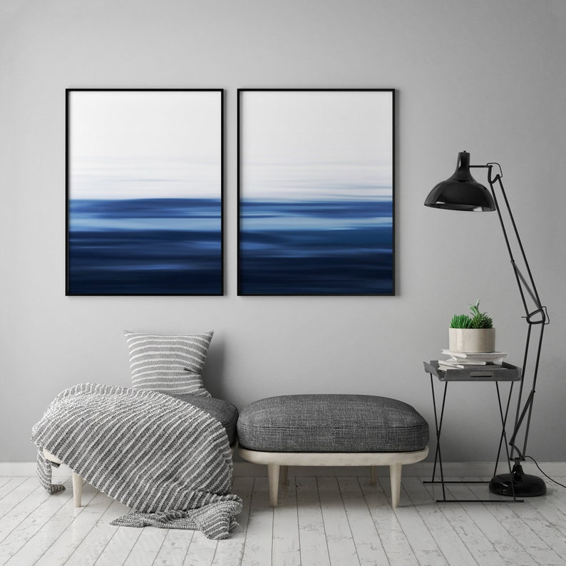 Set of 2 Ocean Painting Wall Art Navy Blue Wall Art Seascape Etsy