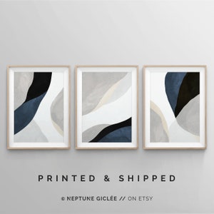 3 Piece Art Prints, Blue Wall Art, Bedroom Wall Art, Living Room Art, Navy Dark Blue, Abstract Poster Set, Minimalist Contemporary Modern