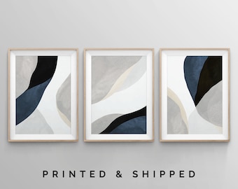 3 Piece Art Prints, Blue Wall Art, Bedroom Wall Art, Living Room Art, Navy Dark Blue, Abstract Poster Set, Minimalist Contemporary Modern