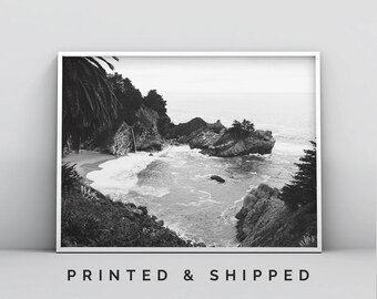 Impresión de playa costera en blanco y negro, arte mural tropical grande, impresión de paisaje marino, póster de olas serenas del océano, fotografía de Big Sur