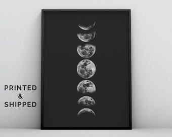 【匿名配送】 LUNA 月の顔 絵 アート 額付き 月の満ち欠けの壁アート、白黒の月相のポスター、月相のプリント、ラ