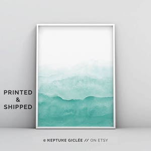 Groenblauw muurkunst print, abstract schilderij, moderne minimalistische poster, smaragdgroen, aquarel, grote print, groen decor, groenblauw poster kunst aan de muur