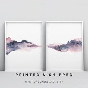 Pink Blue Set of 2 Prints, 2 Piece Blush Pink and Grey Wall Art, Abstract Art Poster Modern Bedroom Dusty Pink Watercolour Print Set Inkwash