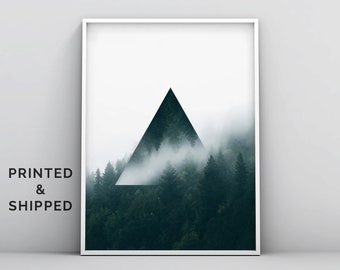 Forest Wall Art, Forest Poster, Geometric Mountain Print, Green Fog Abstract Triangle Nature Poster, Modern Minimalist Home Decor, 24x36 Art