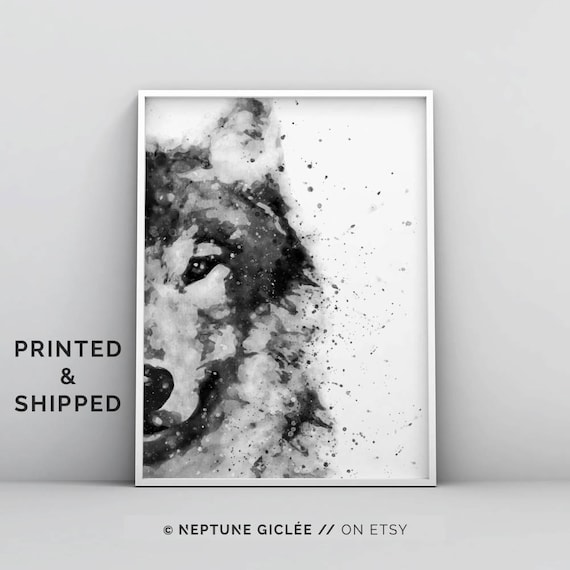 Wolf Print, Woodlands Nursery Wall Art, Black White Grey Decor, Kids Room Poster, Forest Animal, Watercolor, Painting, Art Print, Abstract