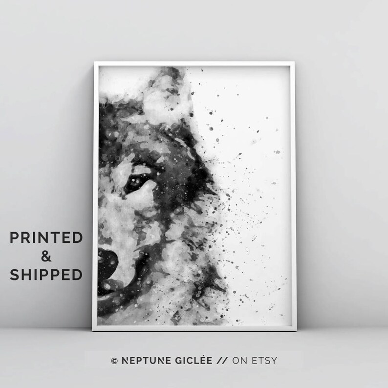 Op de afbeelding: Zwart-witte aquarelverf van een wolvenkop. Het gezicht van de wolf is gedeeltelijk bedekt met witte aquarelspatten.