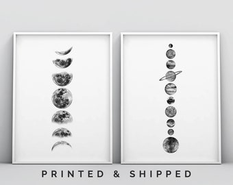 Set of 2 Moon Phases + Solar System Minimalistic Black White Wall Art Poster Print, Phases of the Moon, La Luna, Celestial Space Planets Art