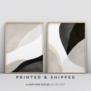 2 Piece Art Prints, Abstract Poster Set, Bedroom Wall Art, Black Beige Wall Art, Living Room Art, Black and White Minimalist Contemporary