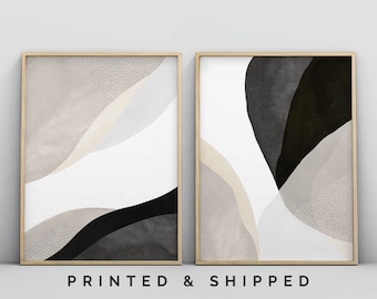 2 Piece Art Prints, Abstract Poster Set, Bedroom Wall Art, Black Beige Wall Art, Living Room Art, Black and White Minimalist Contemporary