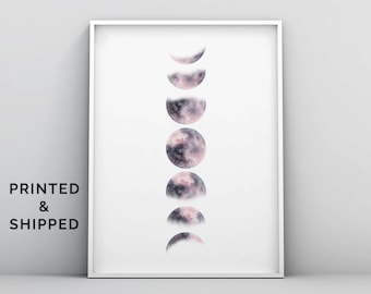 Pink Blush Blue Moon Phases Print, Modern Pastel Rose Phases of the Moon Wall Art Poster, Minimalistic Moon Lunar Phases Print, Moon Poster