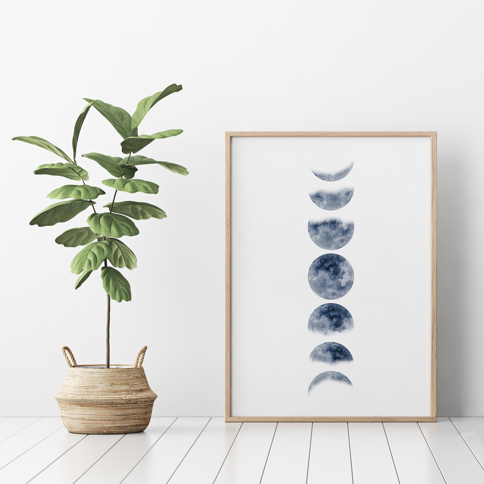 Indigo Navy Blue Moon Phases Print, Modern Phases of the Moon Wall Art ...