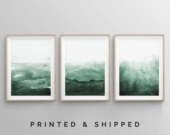 Dark Green Wall Art, Emerald Green Art, Abstract Wall Art, Sage Green Wall Art, Modern Watercolor, 3 Piece Wall Art, Bedroom Wall Art Poster