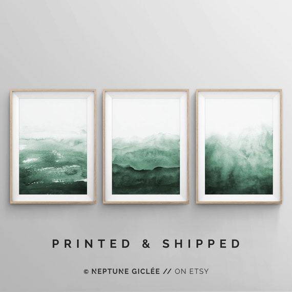 Dark Green Wall Art, Emerald Green Art, Abstract Wall Art, Sage Green Wall Art, Modern Watercolor, 3 Piece Wall Art, Bedroom Wall Art Poster