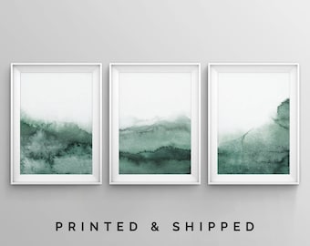 Set of 3 Abstract Sage Green Wall Art, Forest Green Watercolor Art Print, Earth Tone Emerald Print, 3 Piece Large Gallery Wall Modern Prints