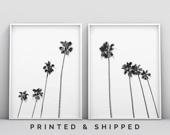 Impresión de palmeras en blanco y negro, impresión de árboles tropicales en blanco y negro, arte de pared de 2 piezas, arte de pared de palmeras, decoración tropical de fotos de palmeras