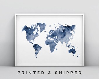 Blue World Map Print, Abstract World Map Wall Art, Blue World Map Poster, Indigo Map Print, Navy Watercolour, World Map Print Home Decor Art