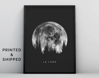 Cartel de la luna de La Luna, impresión de la luna lunar, arte del cartel de la luna llena, blanco y negro, impresión de la luna vintage, arte del sistema solar, arte del dormitorio celestial