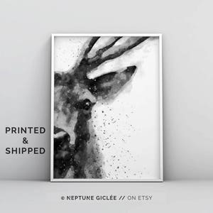 Deer Print, Deer Antlers, Woodlands Decor, Wilderness Wall Art, Nursery Black and White, Animal Print, Deer Head, Deer Watercolour, Painting