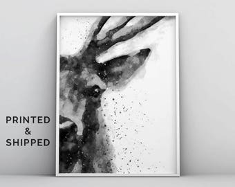 Estampa de veado, chifres de veado, decoração de florestas, arte de parede selvagem, berçário preto e branco, estampa de animal, cabeça de veado, aquarela de veado, pintura