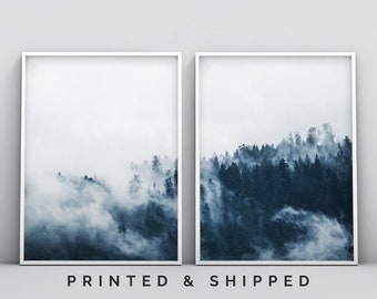 Forest Photography, Forest Print, Scandinavian Print, Foggy Forest, Minimalist 2 Piece Nature Wilderness Modern Indigo Blue Navy Home Decor