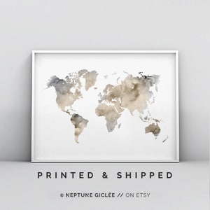 Affiche impression carte du monde beige ton neutre, affiche impression moderne beige ton terre, carte du monde abstrait art mural aquarelle impression minimaliste