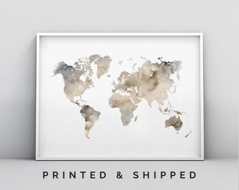 Affiche impression carte du monde beige ton neutre, affiche impression moderne beige ton terre, carte du monde abstrait art mural aquarelle impression minimaliste