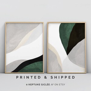 Green Wall Art, Abstract Poster Set, 2 Piece Art Prints, Large Wall Art, Sage Forest Green Living Room Art, Minimalist Contemporary Modern image 1