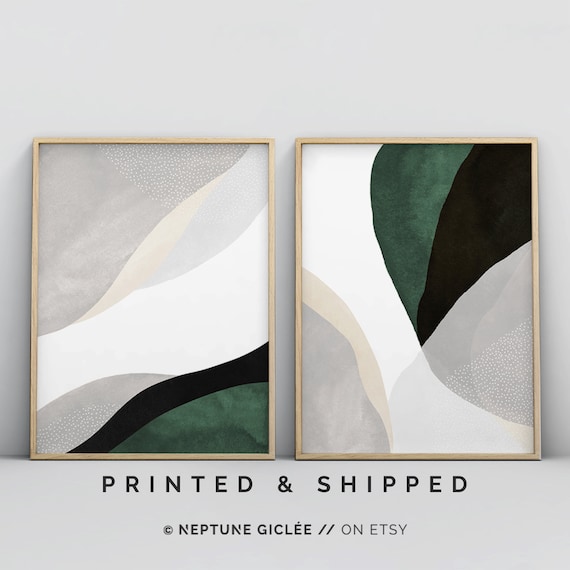 Green Wall Art, Abstract Poster Set, 2 Piece Art Prints, Large Wall Art, Sage Forest Green Living Room Art, Minimalist Contemporary Modern