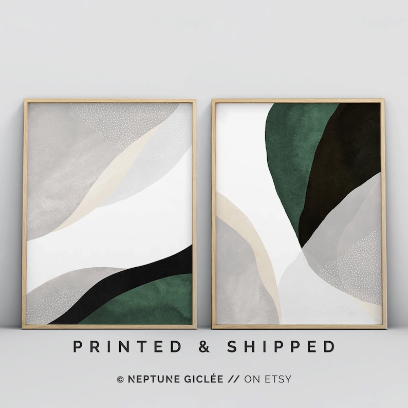 Green Wall Art, Abstract Poster Set, 2 Piece Art Prints, Large Wall Art, Sage Forest Green Living Room Art, Minimalist Contemporary Modern image 1