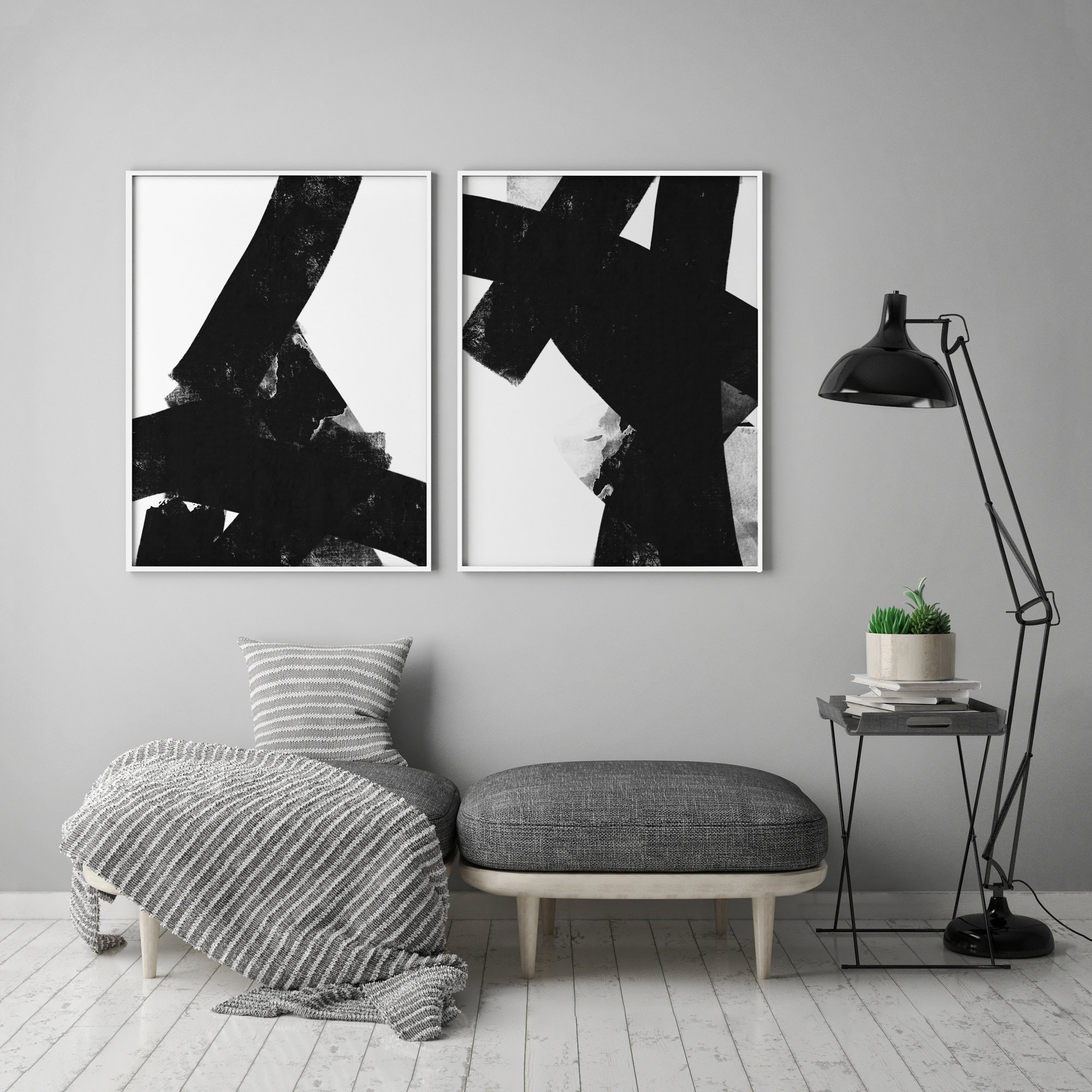Set of 2 Piece Abstract Black and White Minimalistic Modern Large Brush ...